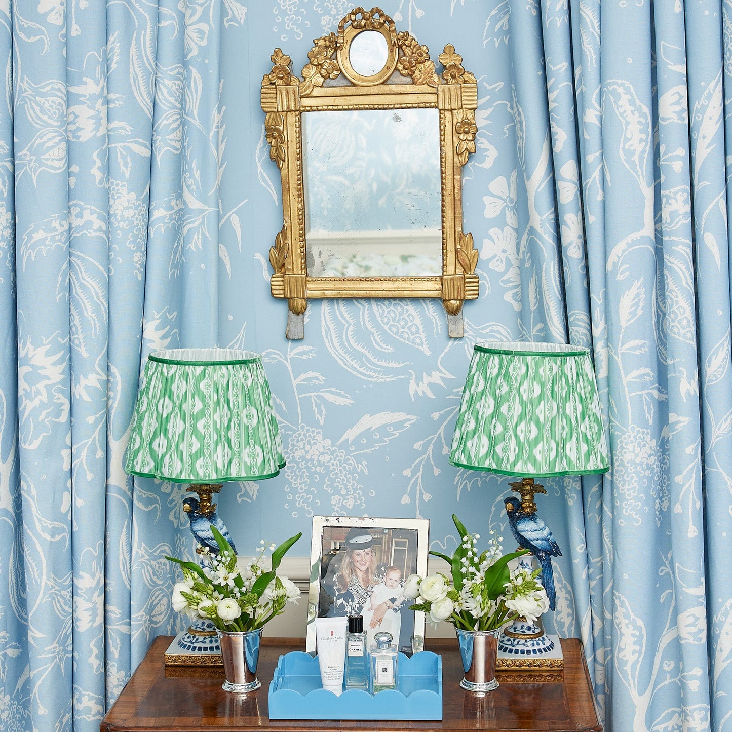 Blue Parrot Lamp with Green Ikat Shade (30cm)