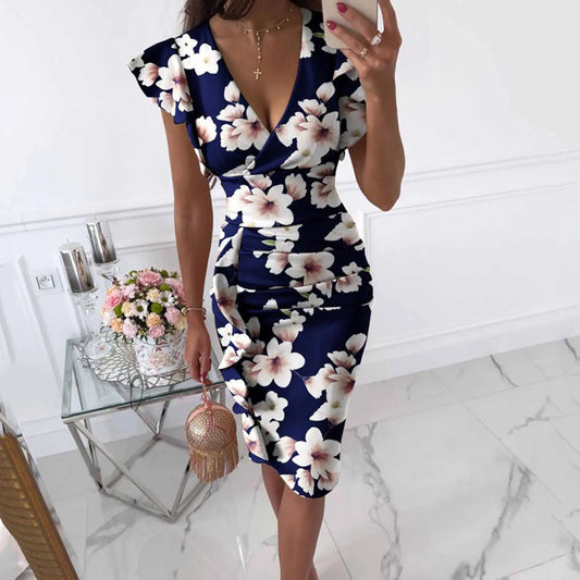 New Floral Print Plus Size Midi Dress | V-Neck, Ruffle Sleeves, Vintage Slim Fit | Elegant Bodycon Party Vestidos