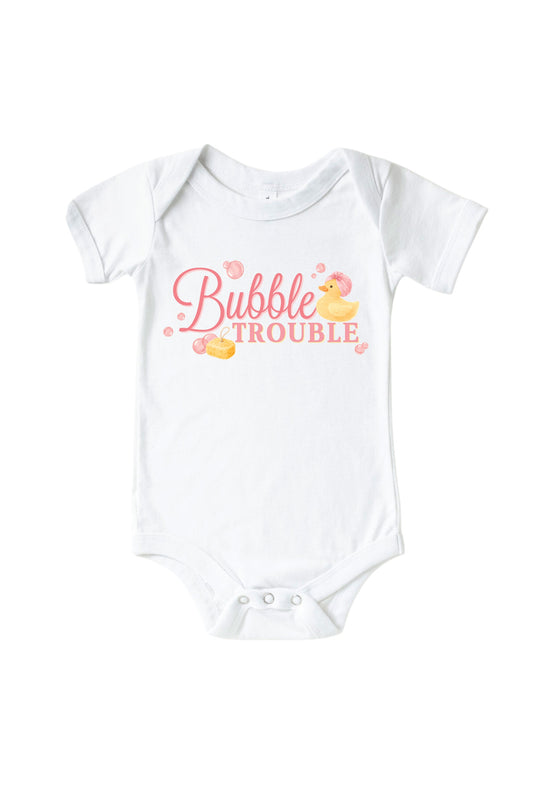 Bubble Trouble Pink Graphic Bodysuit & Kids Tee | White