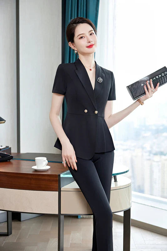 NAVIU Fashion Pink Short Sleeve Professional Suit Women New Summer Elegant Formal Slim Blazer And Pants Office Ladies Work Wear