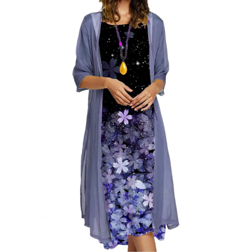 Female 1 Set Stylish Vintage Round Neck Dress Two-Piece Ladies Dress Set Floral Print for Party