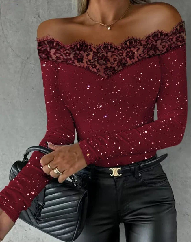 2023 Autumn Winter Spring New Fashion Casual Sexy Blouses Off Shoulder Hollow Out Lace Top Female Clothing TShirts Pullover Tops