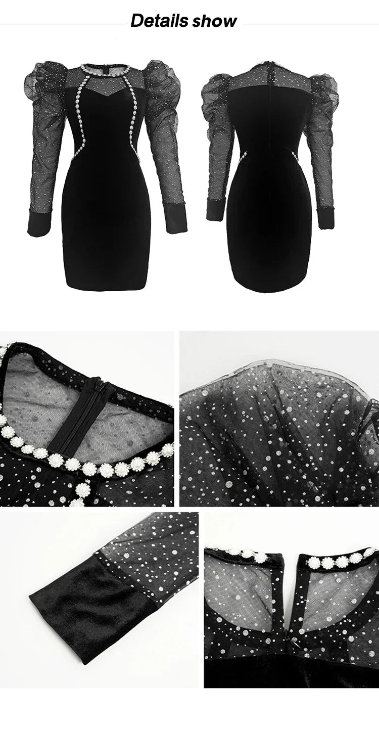 Spring Women Mini Dress French Court Retro Black Mesh Patcchwork Appliques Flower Puff Long Sleeve Bag Hip Vestidos Para Mujer