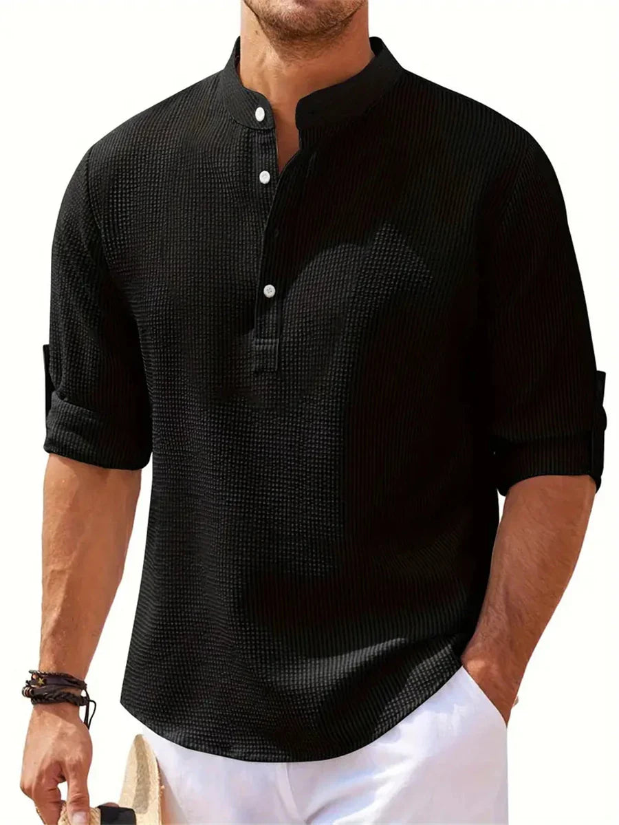 Men's Spring Shirts Solid Color Casual Henry Neck Long Sleeve Outdoor Simple Male Waffle top Thin Button Tops