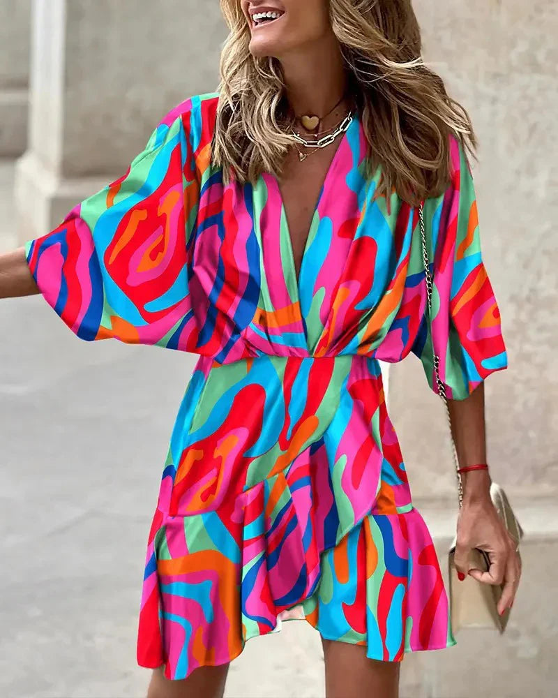 spring Irregular Mini Dress For Women Fashion Print Casual Bohemia Style Vacation Sundress Women's Bat Sleeve Ruffles Dresses