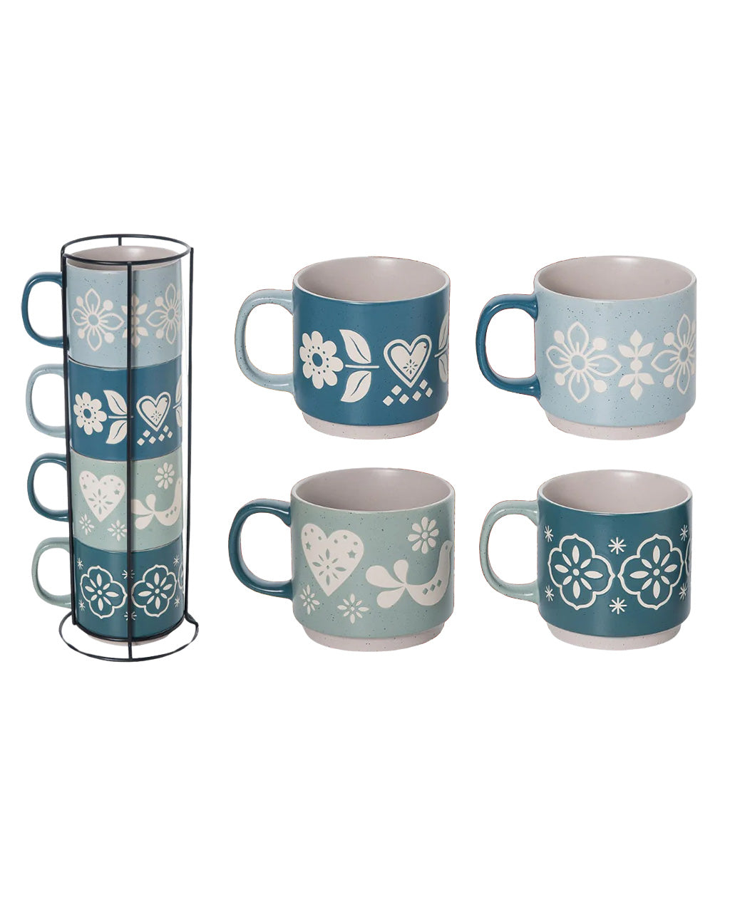 Stoneware Blue + Green Stacked Mugs - Set Of 4