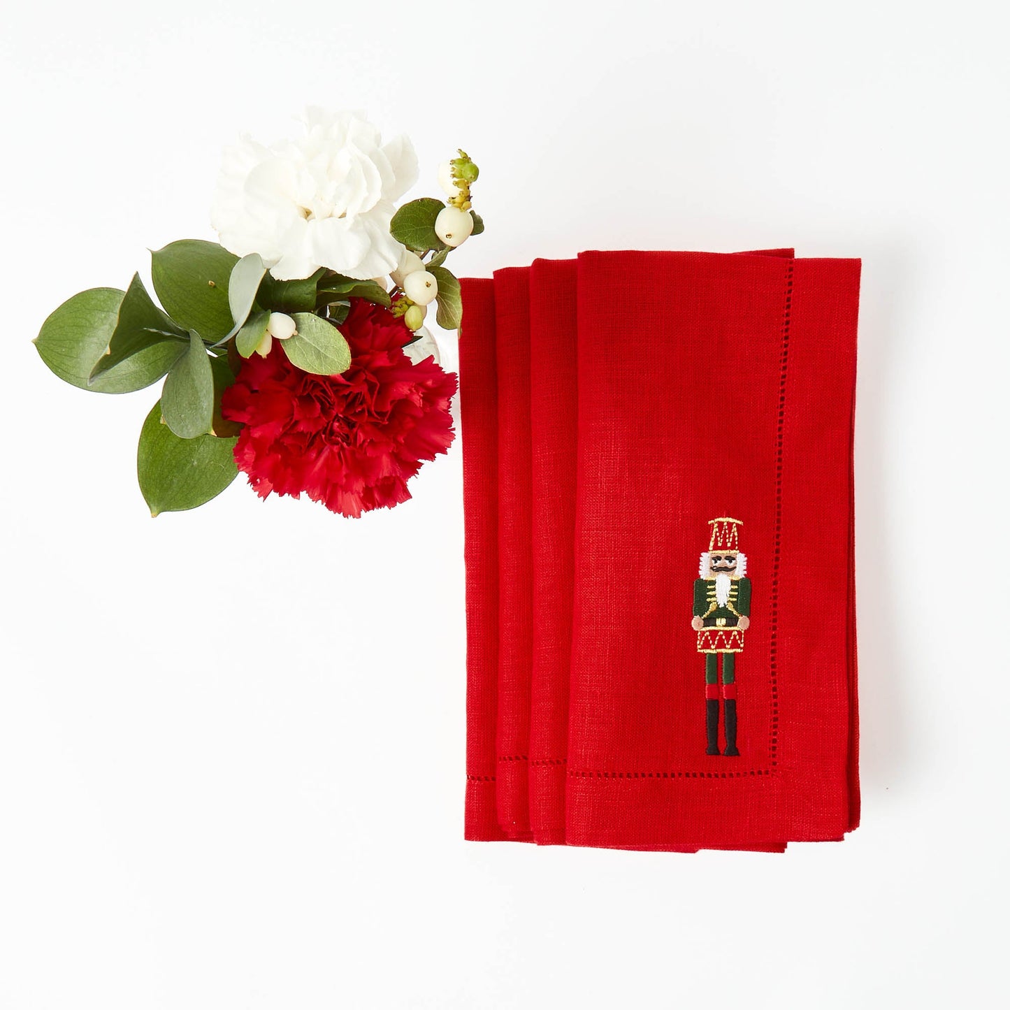 Red Nutcracker Embroidered Linen Napkins (Set of 4)