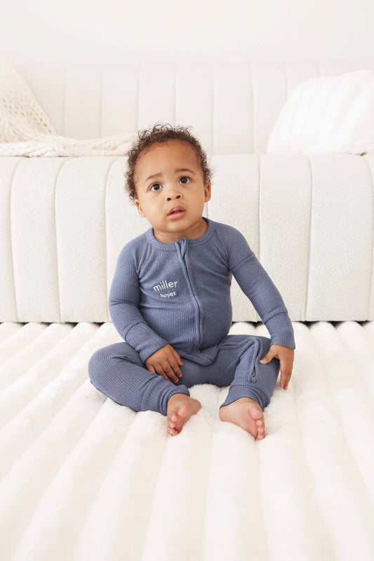 Embroidered Bamboo Waffle Convertible Zip Romper | Lake
