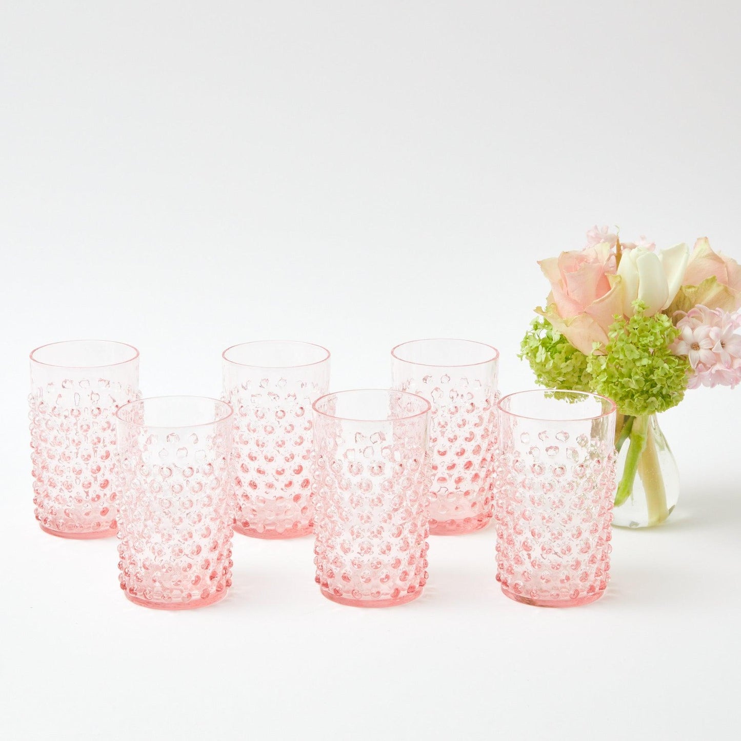 Rose Hobnail Jug with Emerald Handle & Glasses (Set of 6)
