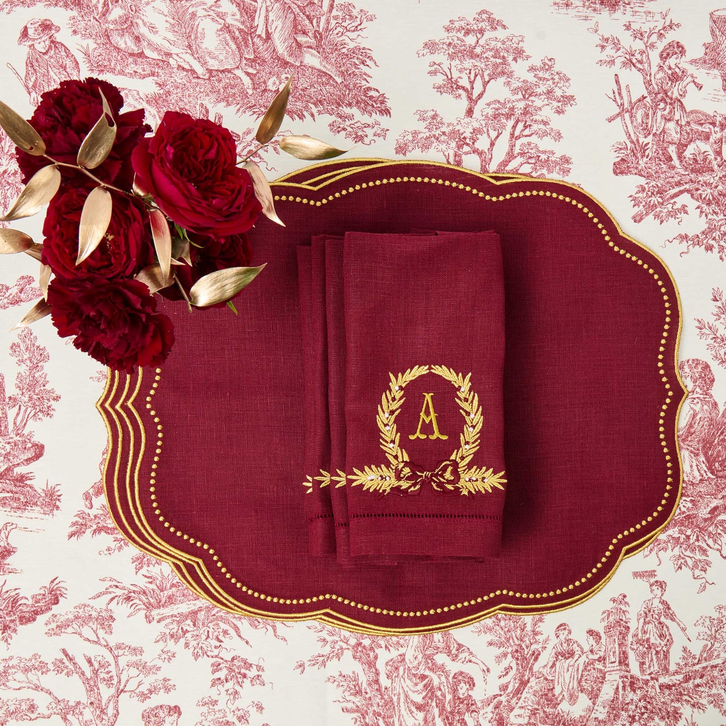 Burgundy Linen Placemats & Gold Bow Garland Napkins (Set of 4)