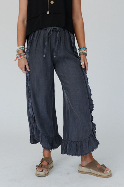 Drift Wave Ruffle Wide Leg Pants - Black - Pre Order