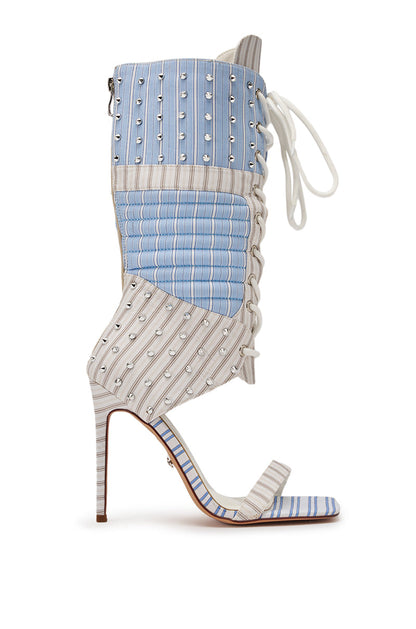 AKIRA GOLD ALBERTO BLUE STRIPE PATTERN GLADIATOR STILETTO