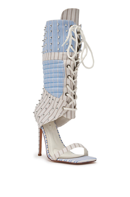 AKIRA GOLD ALBERTO BLUE STRIPE PATTERN GLADIATOR STILETTO