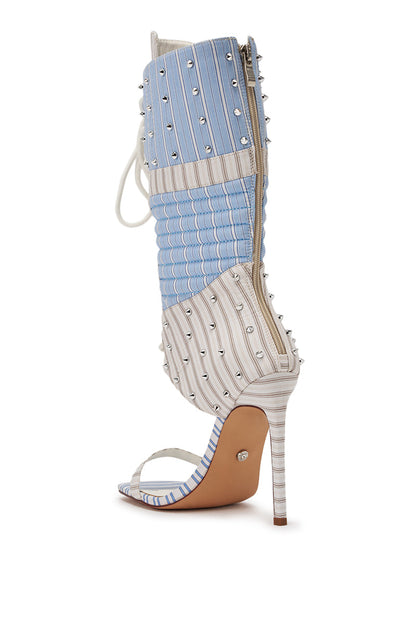 AKIRA GOLD ALBERTO BLUE STRIPE PATTERN GLADIATOR STILETTO