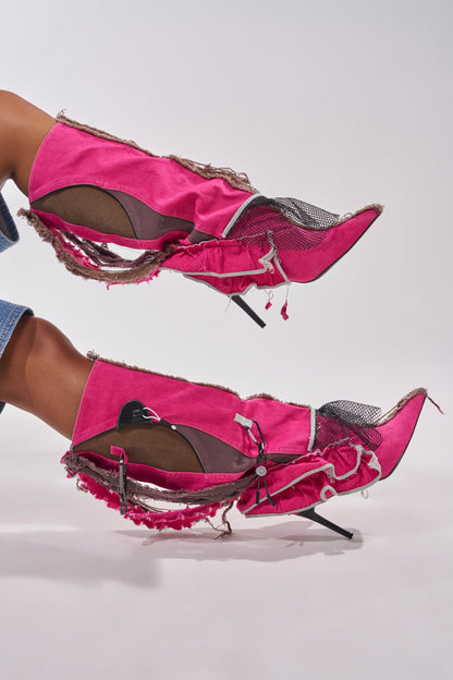 AKIRA GOLD COALESCE SPORTY MIXED MATERIAL STILETTO BOOT