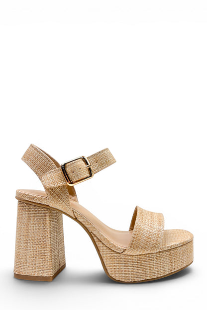 Cecilia Platform Raffia Chunky Heels - Natural