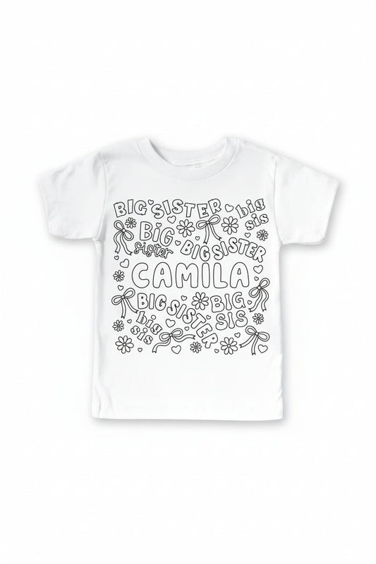 Colorable Big Sis Personalized Kids Graphic Tee | White