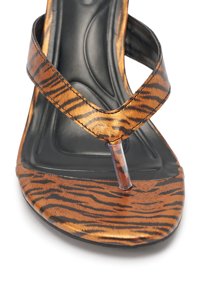 AKIRA GOLD DELYSE ORANGE TIGER PRINT PU SLIP ON STILETTO SANDAL