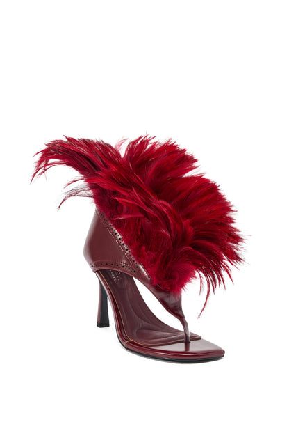 AKIRA GOLD ELIZAVETA BURGUNDY FEATHER THONG SANDAL