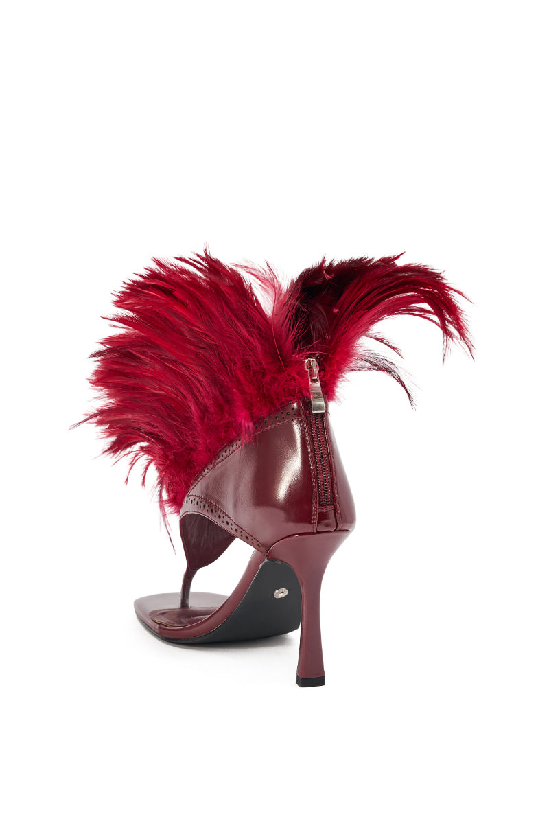 AKIRA GOLD ELIZAVETA BURGUNDY FEATHER THONG SANDAL