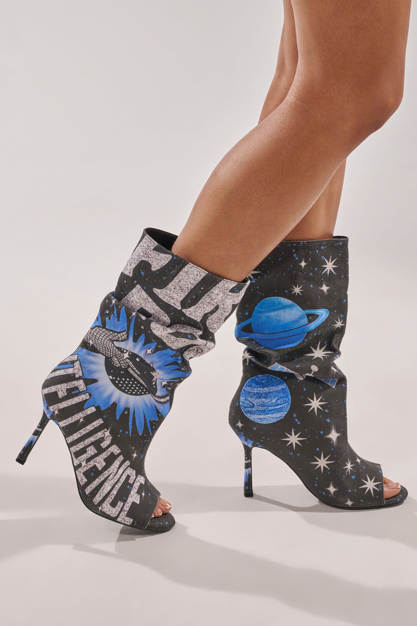 AKIRA GOLD FORMIDABLE BLACK MULTI ABSTRACT OPEN TOE BOOTIE