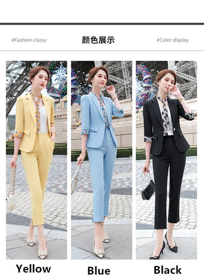 Naviu New Fashion Summer Temperament Slim Suits Women Business Formal Half Sleeve Blazer And Pants Office Ladies Work Wear