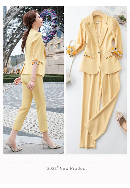 Naviu New Fashion Summer Temperament Slim Suits Women Business Formal Half Sleeve Blazer And Pants Office Ladies Work Wear