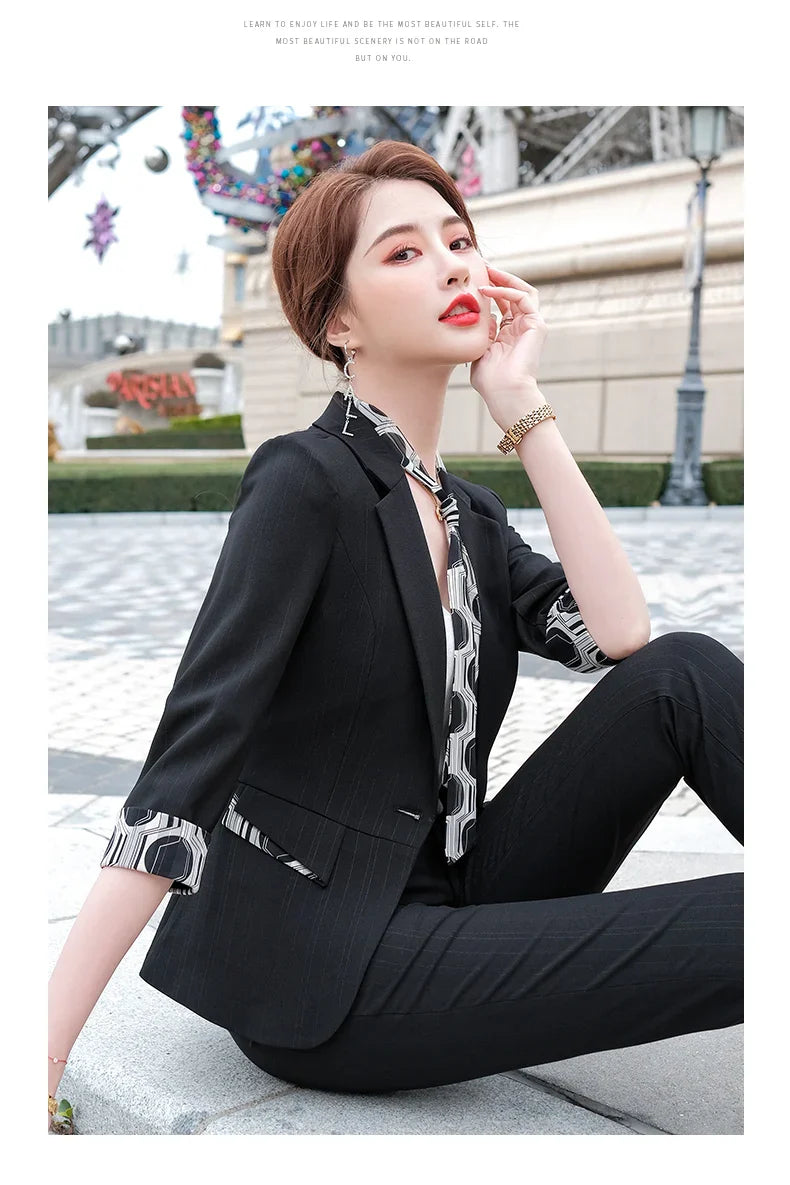 Naviu New Fashion Summer Temperament Slim Suits Women Business Formal Half Sleeve Blazer And Pants Office Ladies Work Wear