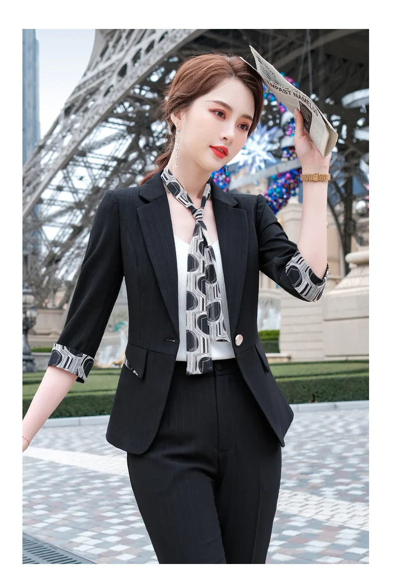 Naviu New Fashion Summer Temperament Slim Suits Women Business Formal Half Sleeve Blazer And Pants Office Ladies Work Wear