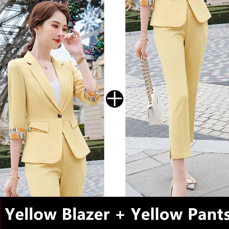 Naviu New Fashion Summer Temperament Slim Suits Women Business Formal Half Sleeve Blazer And Pants Office Ladies Work Wear