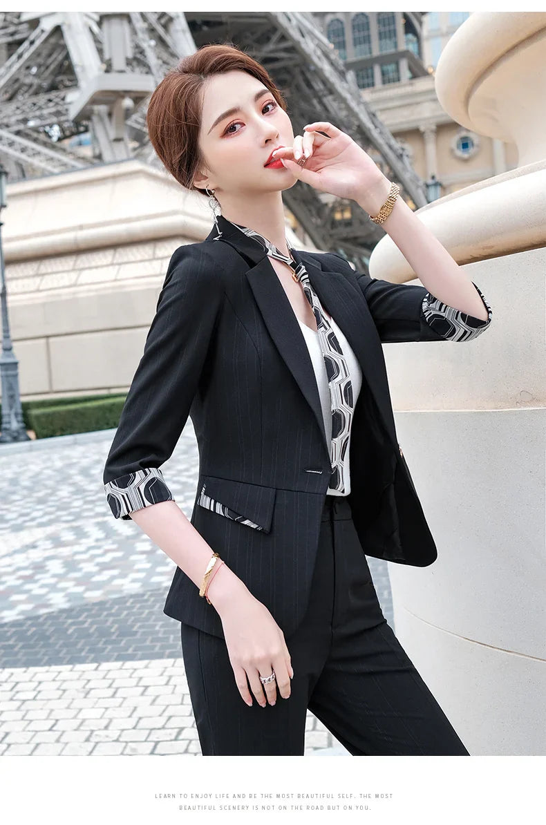 Naviu New Fashion Summer Temperament Slim Suits Women Business Formal Half Sleeve Blazer And Pants Office Ladies Work Wear