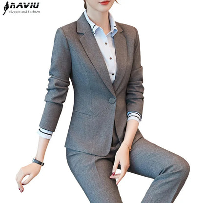 Naviu New Fashion Women Pant Suit Formal Business Slim Blazer and Trouser Set Office Ladies Uniform Work Wear