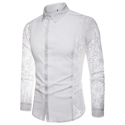 Black White Lace Dress Shirt Men Fashion Harajuku Transparent Sexy Club Party Prom Luxury Casual Men Long Sleeve Tuxedo Shirt