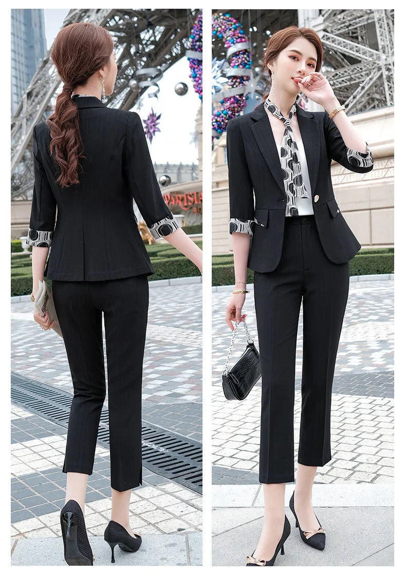 Naviu New Fashion Summer Temperament Slim Suits Women Business Formal Half Sleeve Blazer And Pants Office Ladies Work Wear