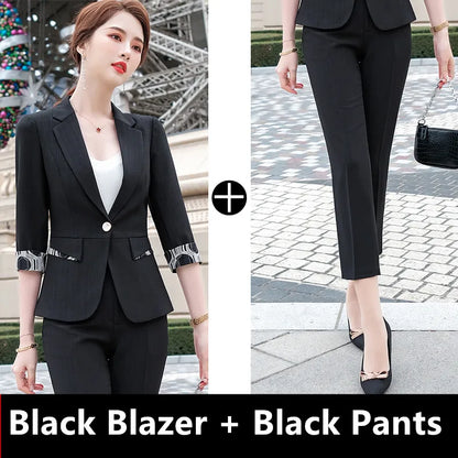 Naviu New Fashion Summer Temperament Slim Suits Women Business Formal Half Sleeve Blazer And Pants Office Ladies Work Wear