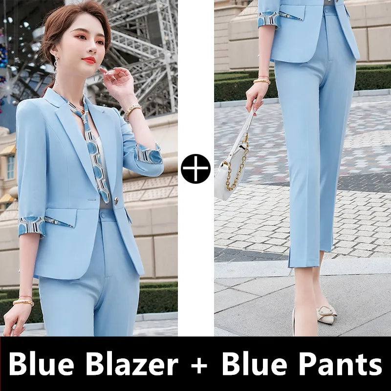 Naviu New Fashion Summer Temperament Slim Suits Women Business Formal Half Sleeve Blazer And Pants Office Ladies Work Wear