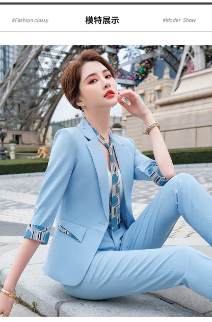 Naviu New Fashion Summer Temperament Slim Suits Women Business Formal Half Sleeve Blazer And Pants Office Ladies Work Wear