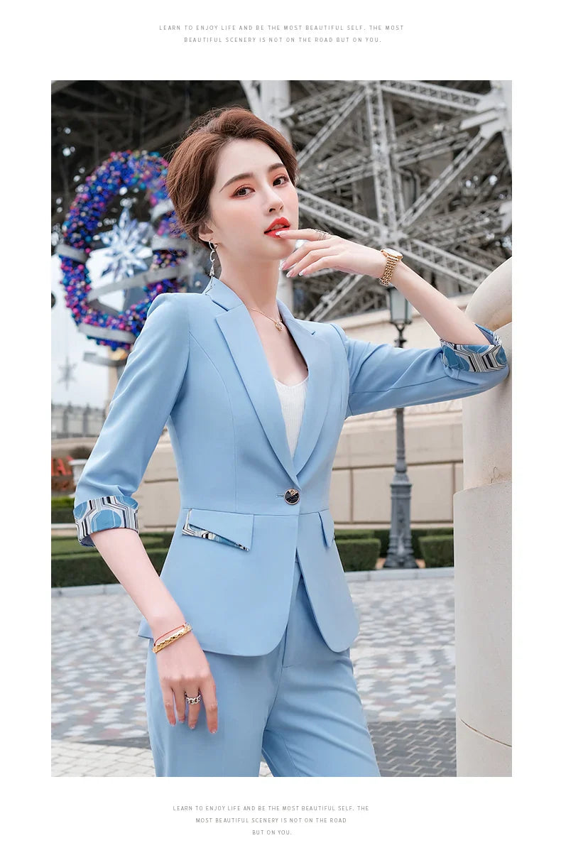Naviu New Fashion Summer Temperament Slim Suits Women Business Formal Half Sleeve Blazer And Pants Office Ladies Work Wear