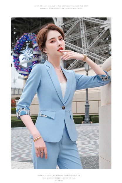 Naviu New Fashion Summer Temperament Slim Suits Women Business Formal Half Sleeve Blazer And Pants Office Ladies Work Wear