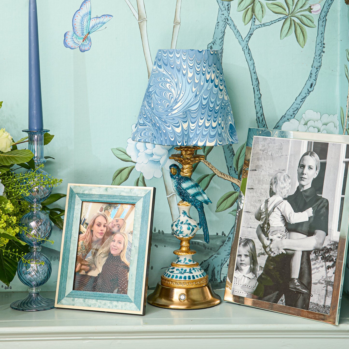 Blue Parrot Rechargeable Lamp with Blue Marble Shade (18cm)