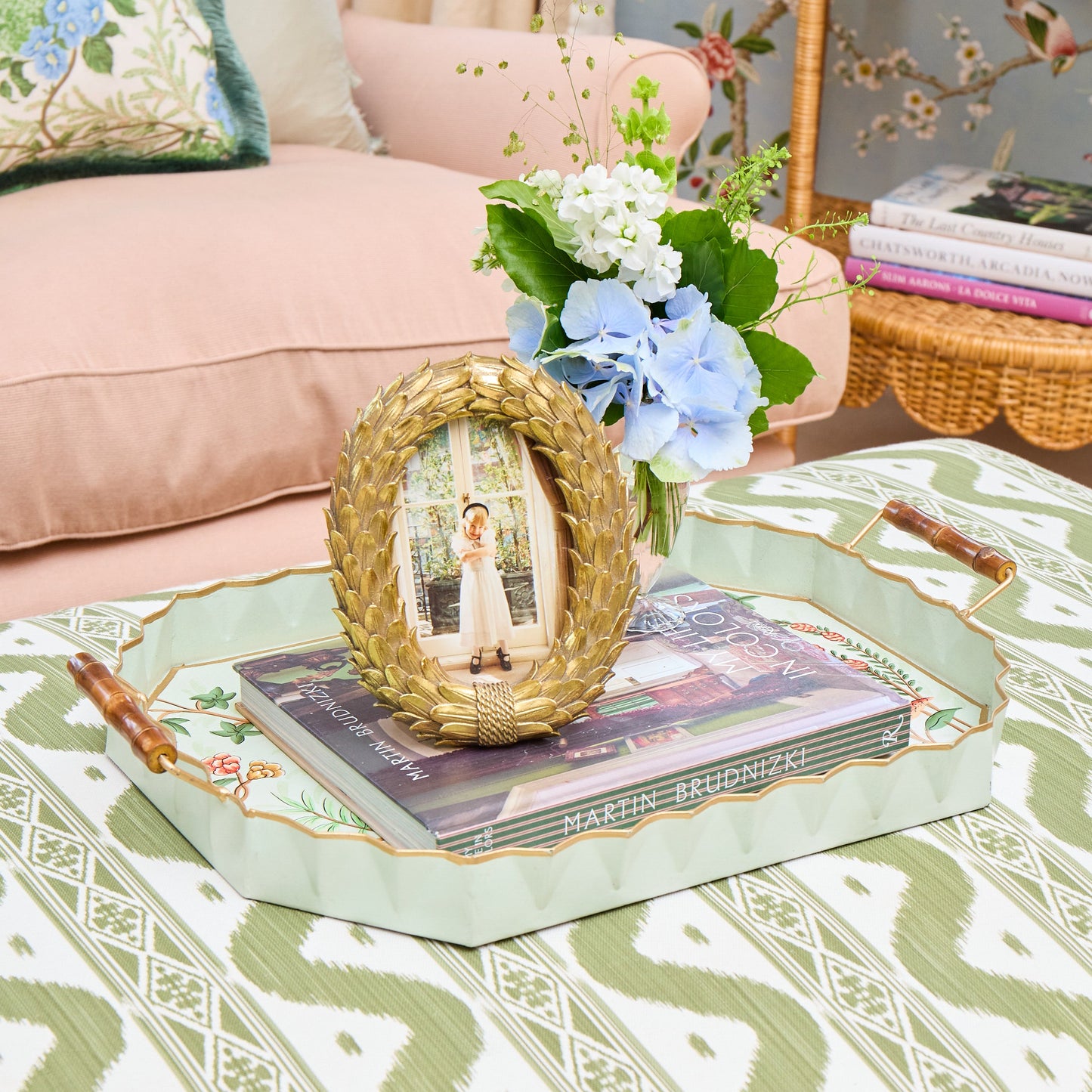 Green Chinoiserie Tole Tray with Handles