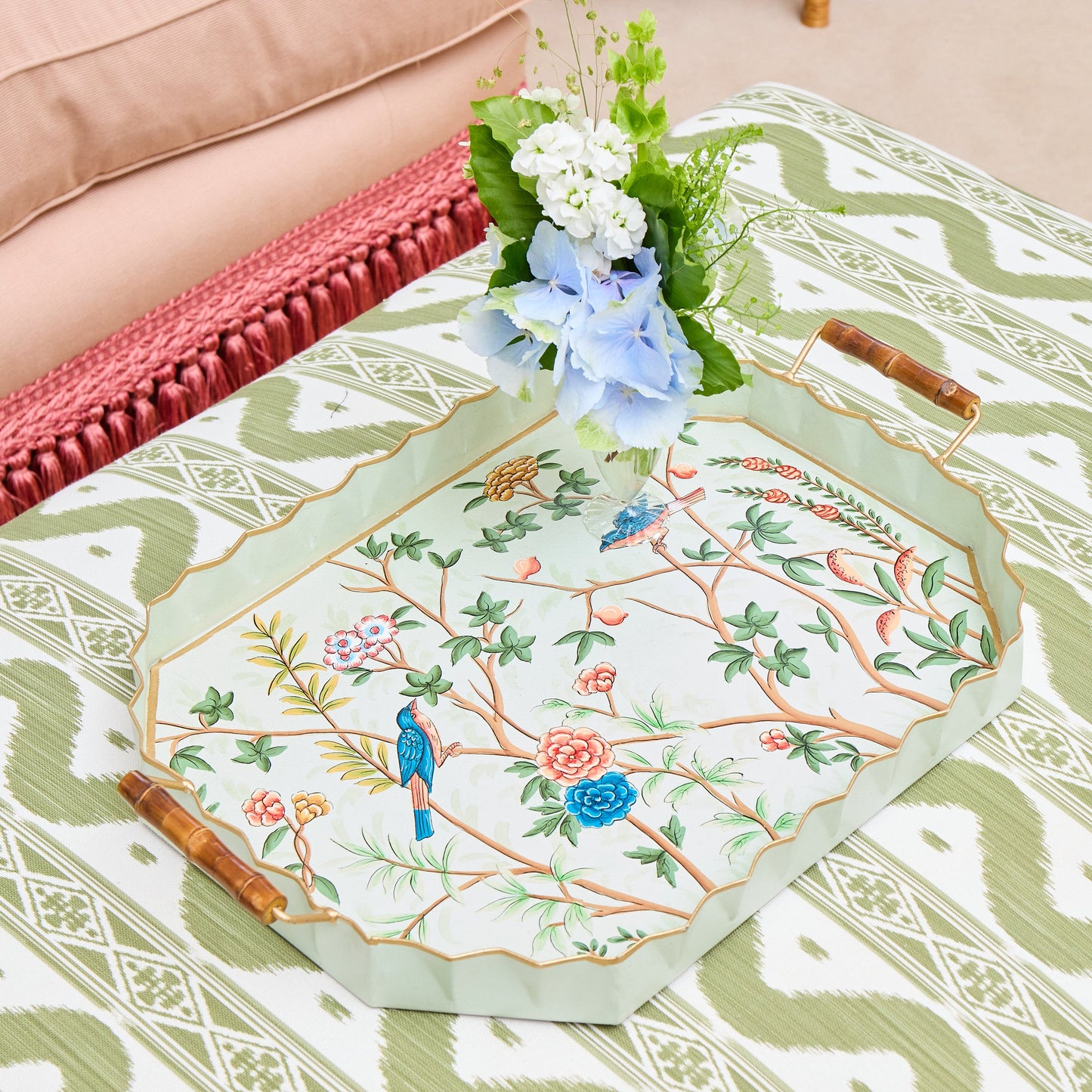 Green Chinoiserie Tole Tray with Handles