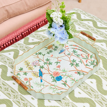 Green Chinoiserie Tole Tray with Handles