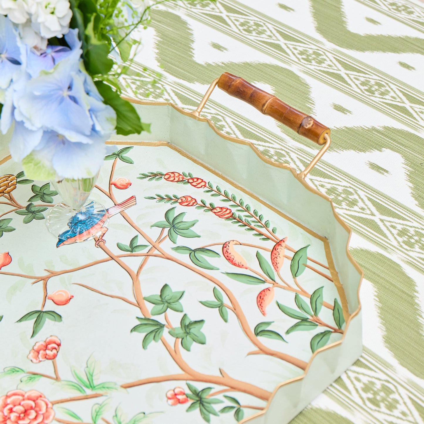 Green Chinoiserie Tole Tray with Handles