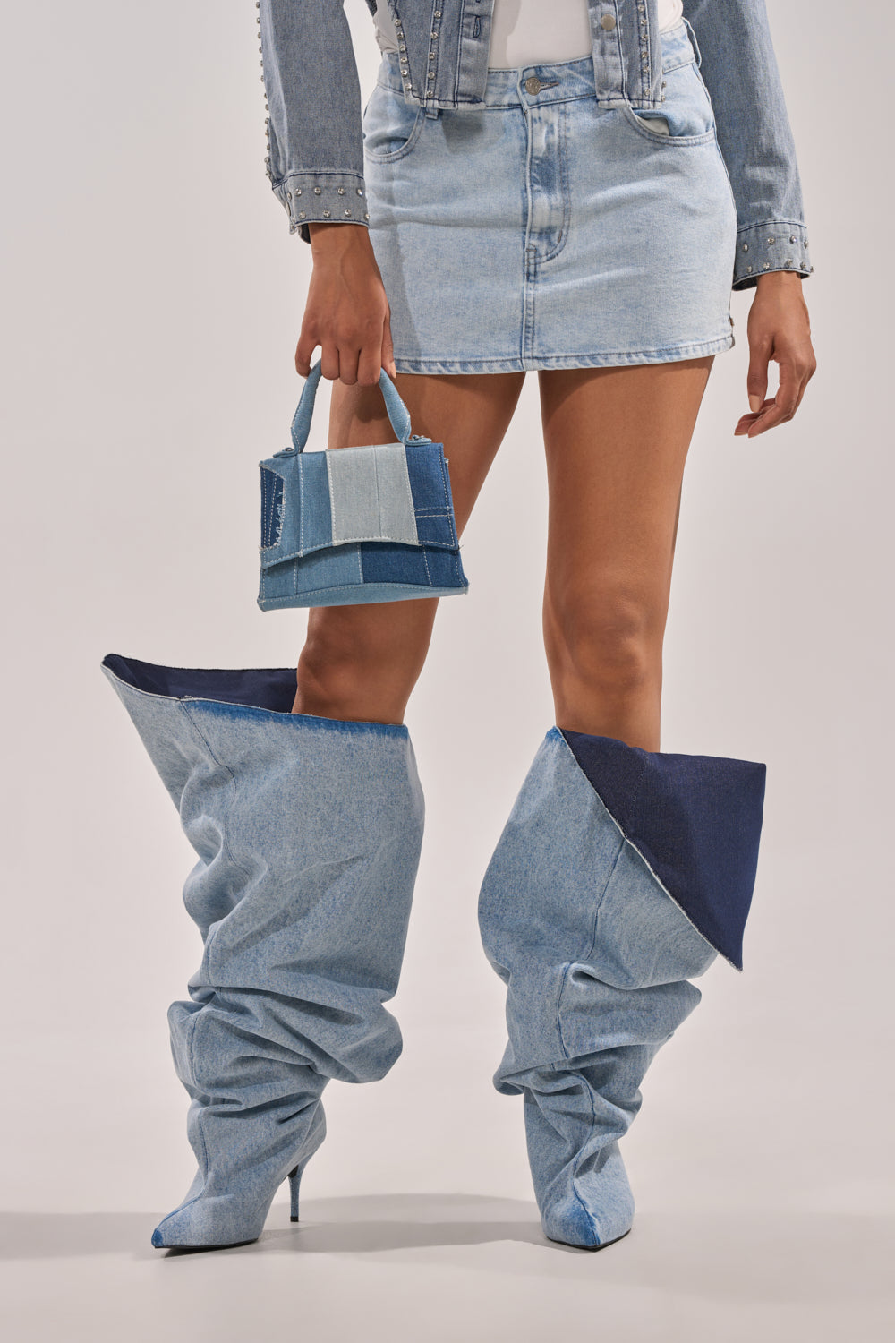 AKIRA GOLD JANELISSE DENIM STILETTO BOOT
