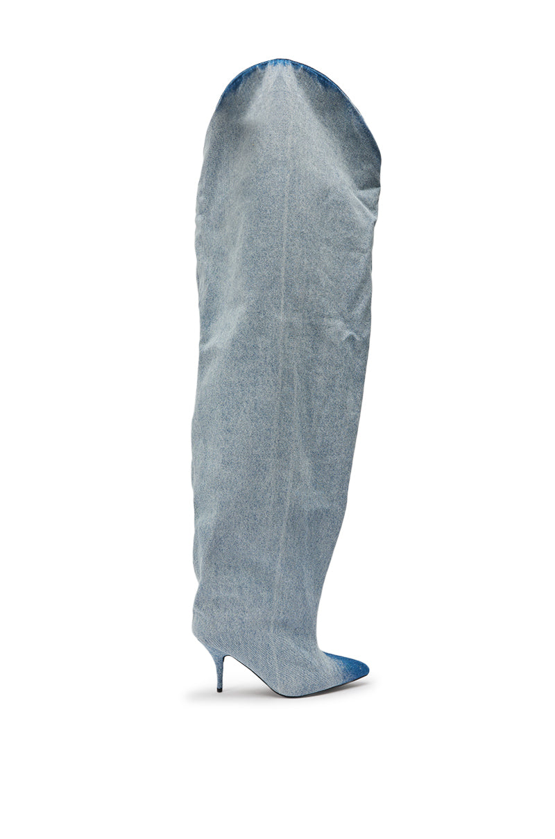 AKIRA GOLD JANELISSE DENIM STILETTO BOOT