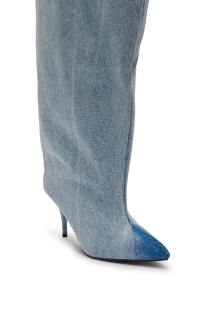 AKIRA GOLD JANELISSE DENIM STILETTO BOOT