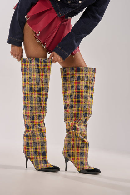 AKIRA WANG LOCHANA MULTI YELLOW PLAID FLANNEL SEXY BOOT
