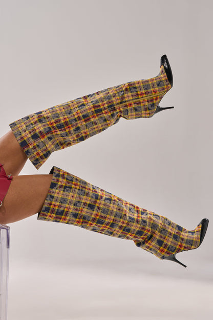 AKIRA WANG LOCHANA MULTI YELLOW PLAID FLANNEL SEXY BOOT