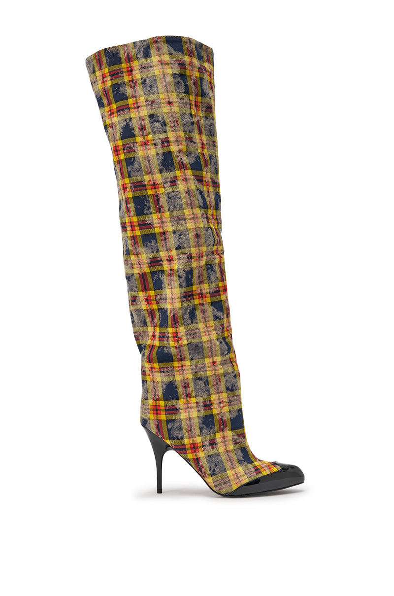 AKIRA WANG LOCHANA MULTI YELLOW PLAID FLANNEL SEXY BOOT